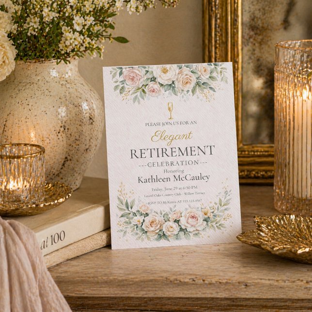 Invitation Carton d'invitation d'adieu floral rose (Blush floral farewell with champagne accents for a refined retirement dinner gathering)