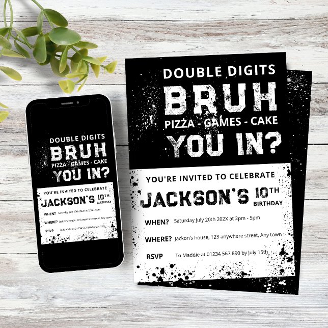 Invitation Carton d'invitation d'anniversaire 10 ans pour gar (Boys Double Digit 10th Birthday Invitation, Black and White Grunge design)
