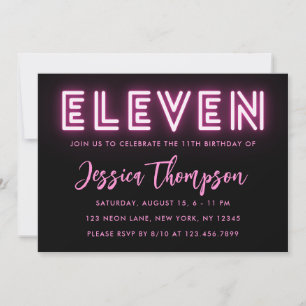 Invitation Carton d'invitation d'anniversaire 11 ans Rose Néo