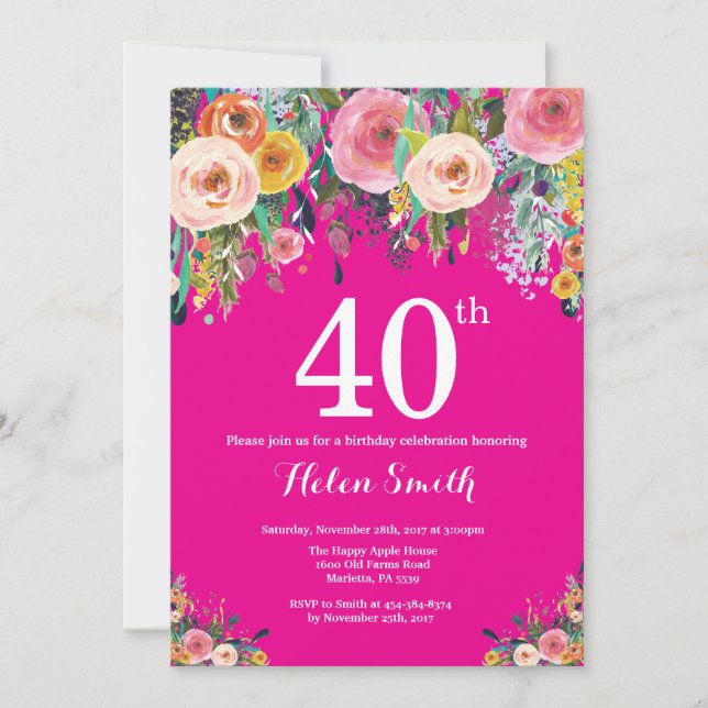 Invitation Carton d'invitation d'anniversaire 40 ans à fleurs (Devant)
