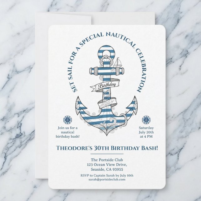 Invitation Carton d'invitation d'anniversaire à l'ancre rayée (Coastal vibes for your special day.)