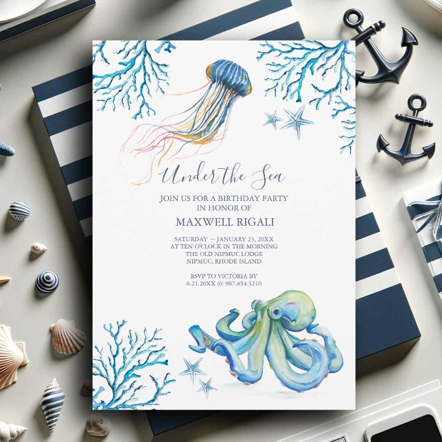 Invitation Carton d'invitation d'anniversaire à l'aquarelle s (Under the sea birthday party invitations with watercolor ocean creatures art by Victoria Grigaliunas)