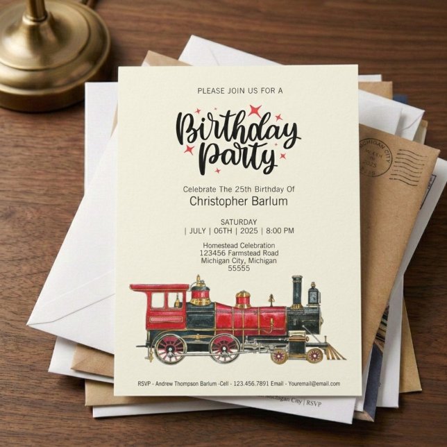 Invitation Carton d'invitation d'anniversaire à locomotive à  (All aboard for a great birthday bash.)