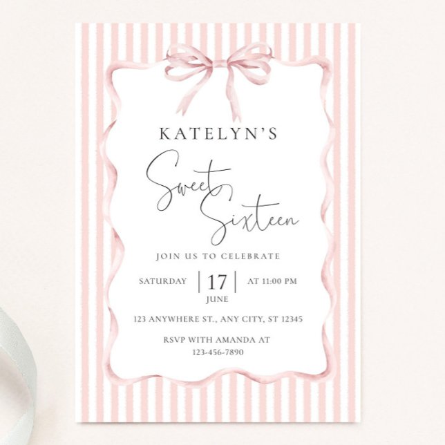 Invitation Carton d'invitation d'anniversaire à ruban rose co (Créateur téléchargé)