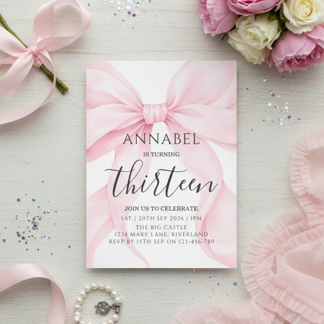 Invitation Carton d'invitation d'anniversaire à ruban rose pâ (Créateur téléchargé)