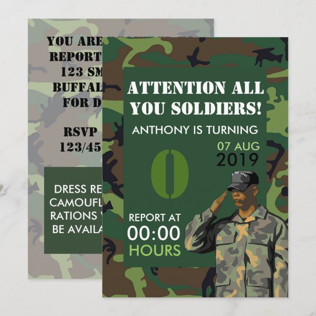 Invitation Carton d'invitation d'anniversaire à thème Armée p (Devant / Derrière)