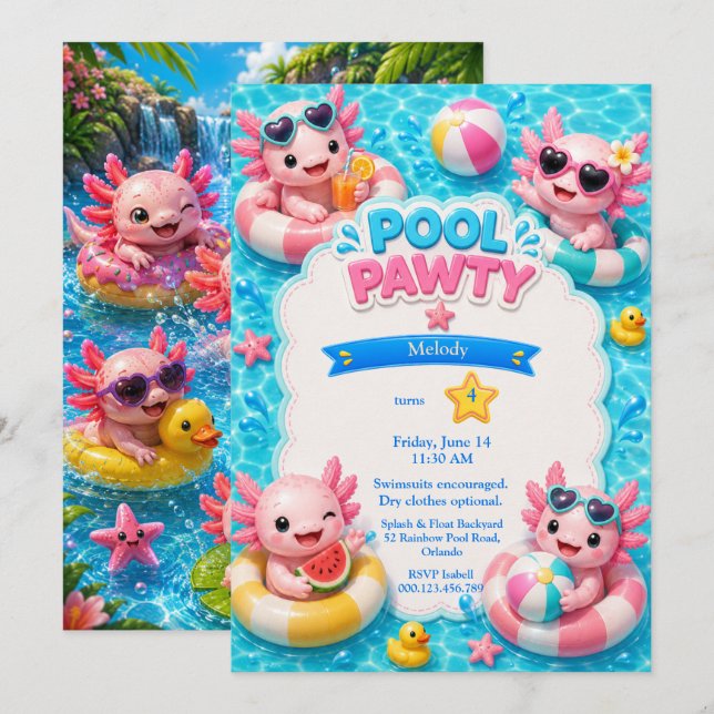 Invitation Carton d'invitation d'anniversaire à thème Axolotl (Devant / Derrière)
