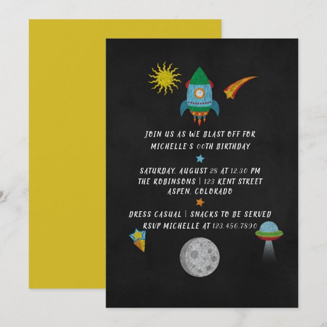 Invitation Carton d'invitation d'anniversaire à thème Espace  (Devant / Derrière)