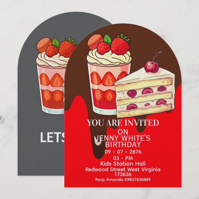 Invitation Carton d'invitation d'anniversaire à thème Gâteau  (Devant / Derrière)