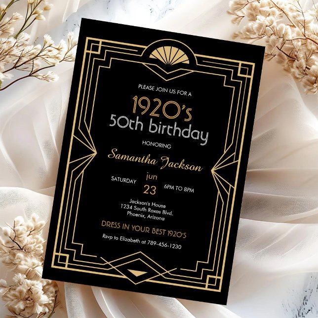 Invitation Carton d'invitation d'anniversaire Art Déco noir e (Créateur téléchargé)