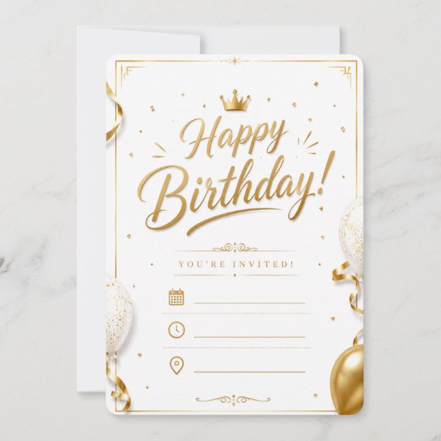 Invitation Carton d'invitation d'anniversaire blanc et or élé (Devant)