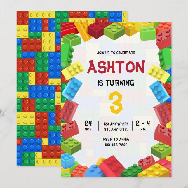 Invitation Carton d'invitation d'anniversaire Blocs de constr (Devant / Derrière)