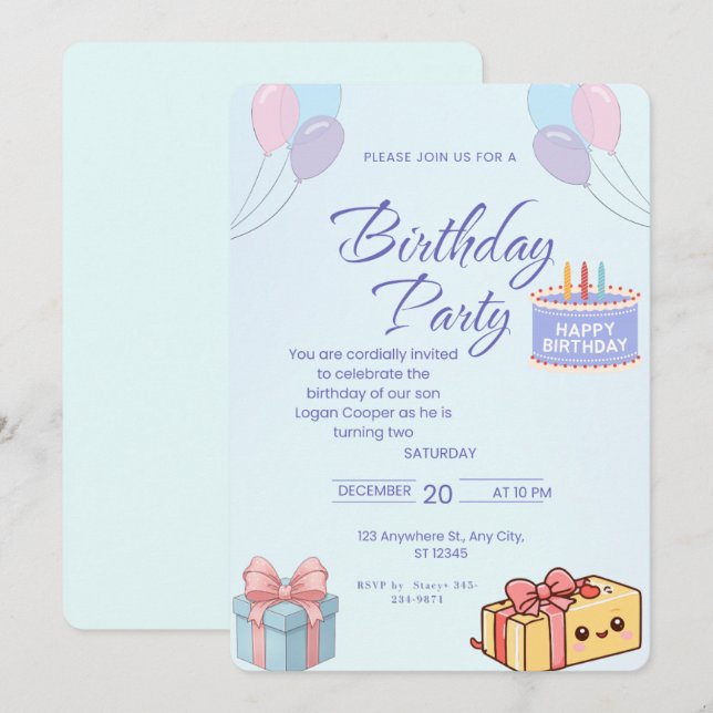 Invitation Carton d'invitation d'anniversaire Blue Balloons a (Devant / Derrière)