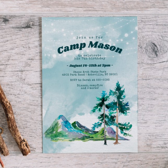 Invitation Carton d'invitation d'anniversaire Camping Montagn (Créateur téléchargé)