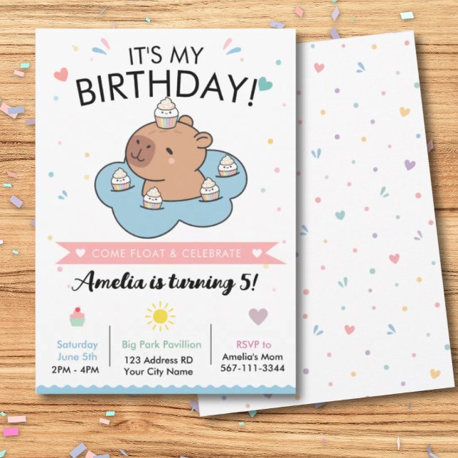 Invitation Carton d'invitation d'anniversaire Capybara Pool P (Créateur téléchargé)