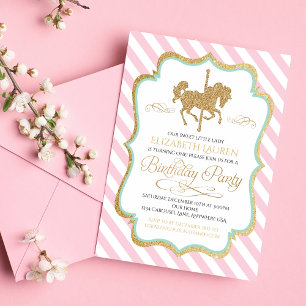 Invitation Carton d'invitation d'anniversaire carrousel rose