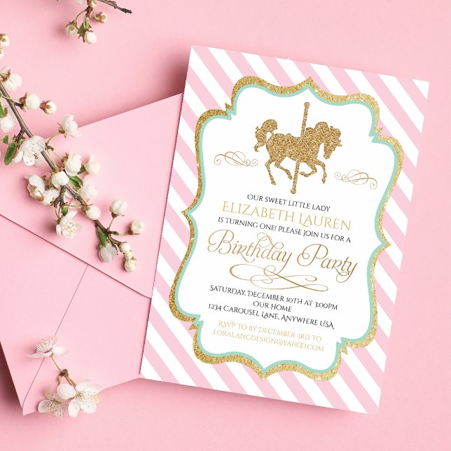 Invitation Carton d'invitation d'anniversaire carrousel rose  (Créateur téléchargé)