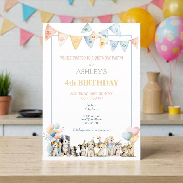 Invitation Carton d'invitation d'anniversaire chiens chiots p (Créateur téléchargé)
