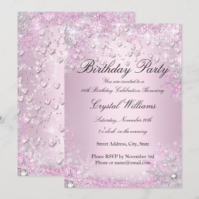 Invitation Carton d'invitation d'anniversaire coeurs scintill (Devant / Derrière)