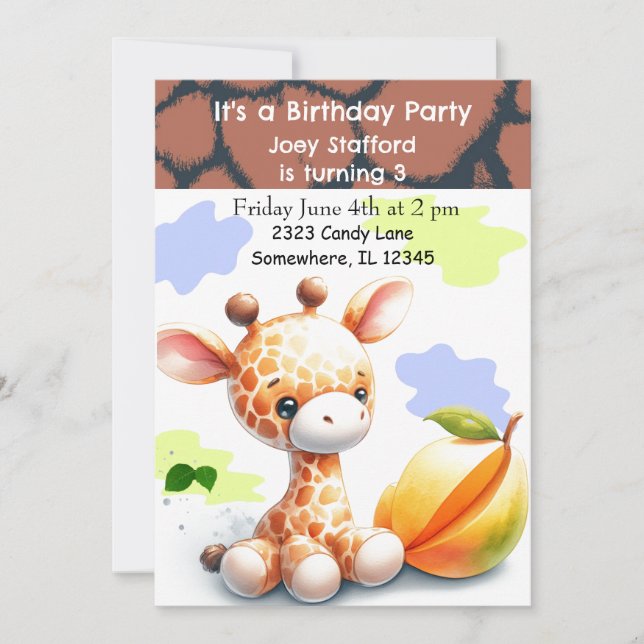 Invitation Carton d'invitation d'anniversaire coloré de giraf (Devant)