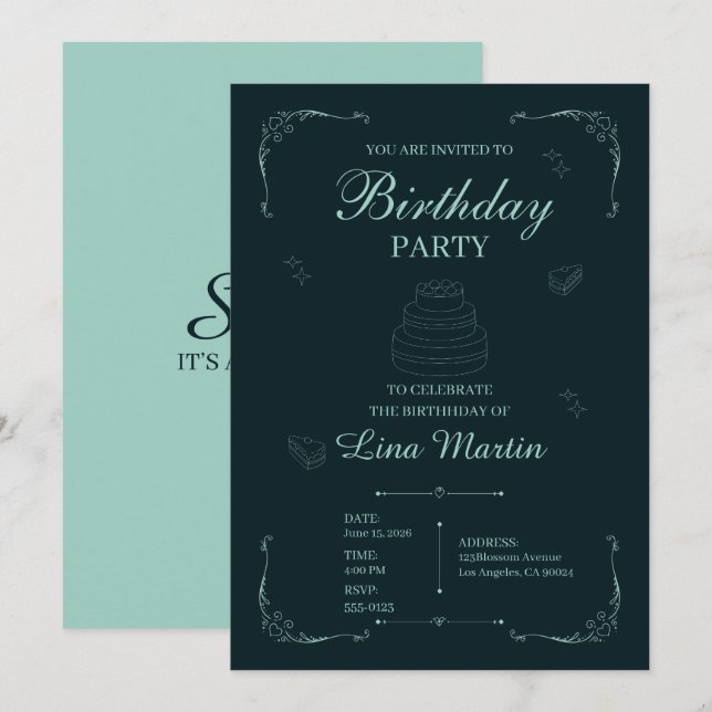 Invitation Carton d'invitation d'anniversaire Dark Sage (Devant / Derrière)