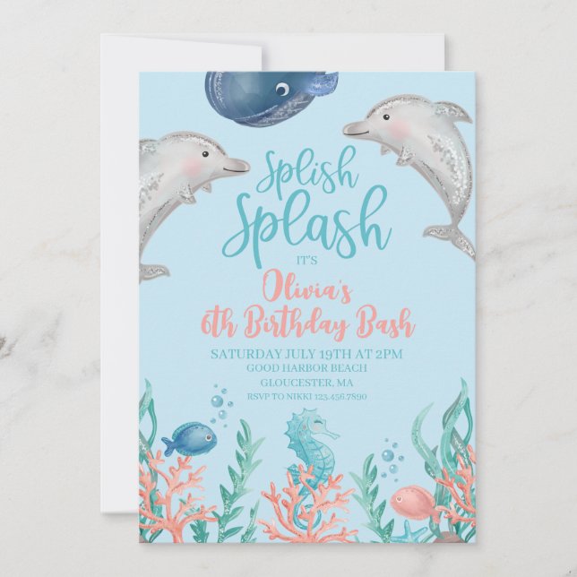 Invitation Carton d'invitation d'anniversaire dauphin sous la (Devant)