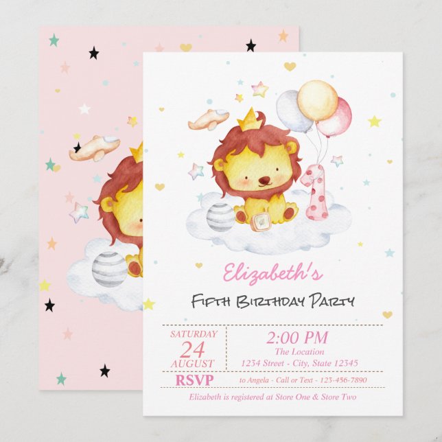 Invitation Carton d'invitation d'anniversaire de bébé lion mi (Devant / Derrière)