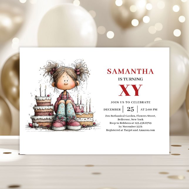 Invitation Carton d'invitation d'anniversaire de dessin animé (Whimsical Cute Little Girl Cartoon Birthday Invitation

)