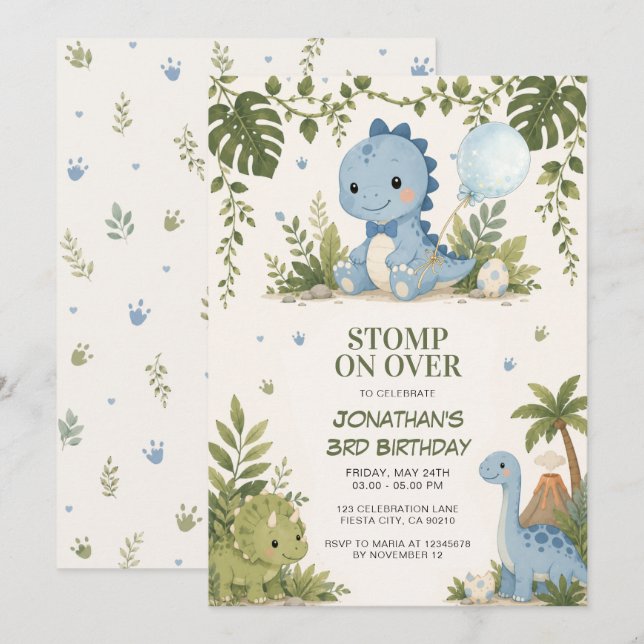 Invitation Carton d'invitation d'anniversaire de dinosaure à  (Devant / Derrière)