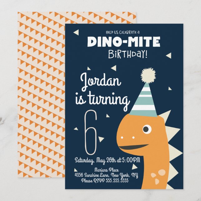 Invitation Carton d'invitation d'anniversaire de dinosaure or (Devant / Derrière)