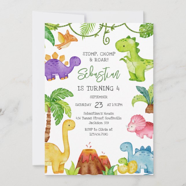Invitation Carton d'invitation d'anniversaire de dinosaure St (Devant)