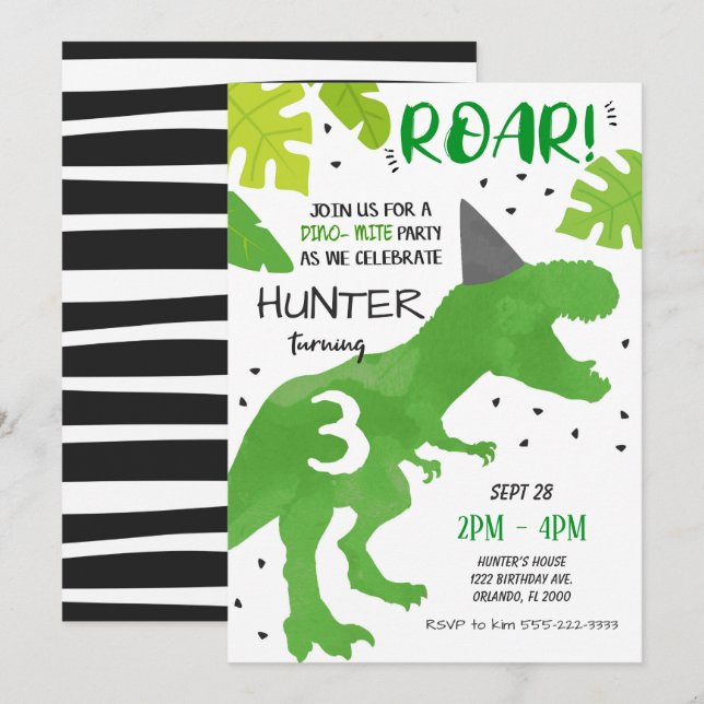 Invitation Carton d'invitation d'anniversaire de dinosaure ve (Devant / Derrière)