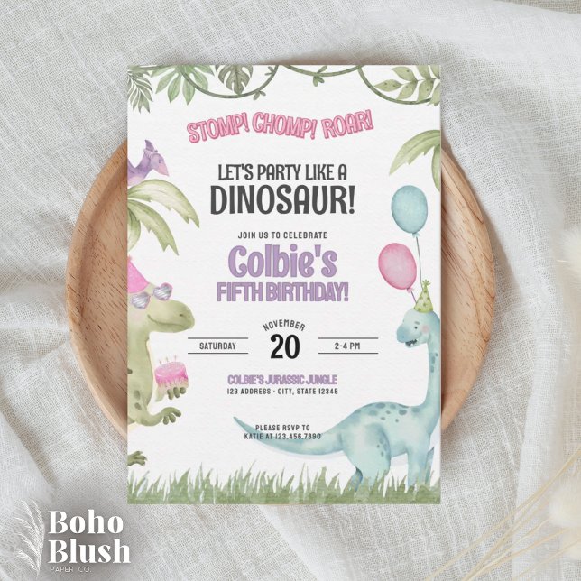 Invitation Carton d'invitation d'anniversaire de fille dinosa (Créateur téléchargé)