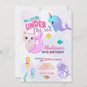 Invitation Carton d'invitation d'anniversaire de Licorne Chat