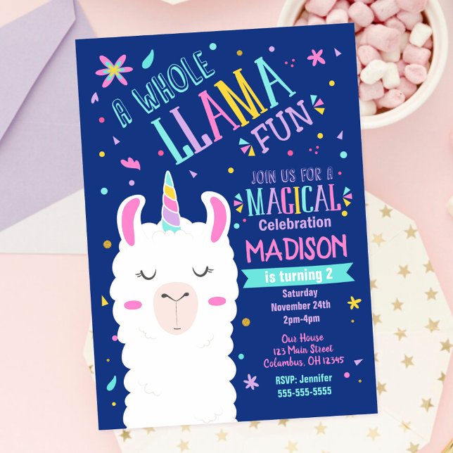 Invitation Carton d'invitation d'anniversaire de licorne lama (Créateur téléchargé)