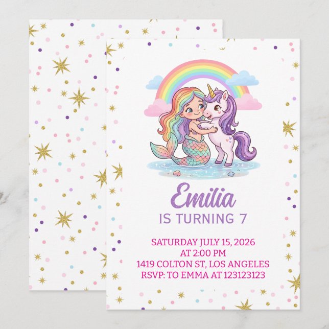 Invitation Carton d'invitation d'anniversaire de licorne sirè (Devant / Derrière)