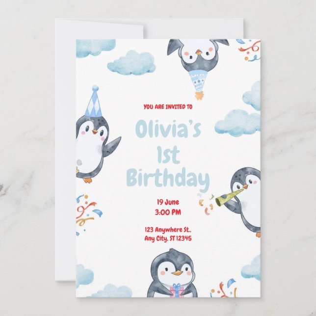 Invitation Carton d'invitation d'anniversaire de manchots per (Devant)