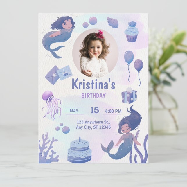 Invitation Carton d'invitation d'anniversaire de sirène à l'a (Debout devant)