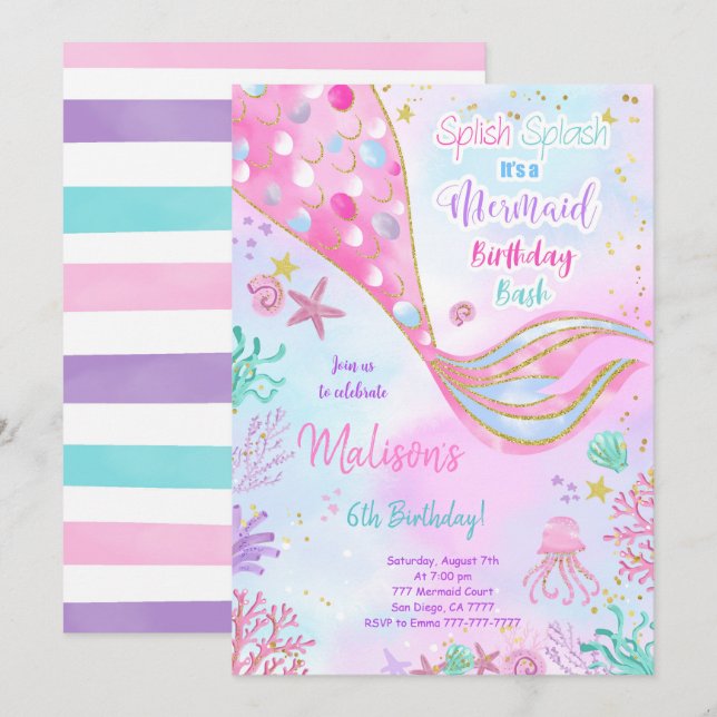 Invitation Carton d'invitation d'anniversaire de sirène à l'a (Devant / Derrière)