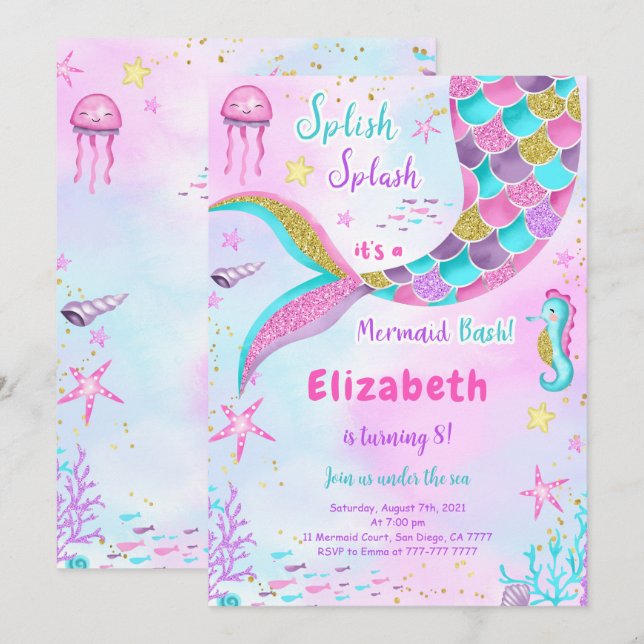 Invitation Carton d'invitation d'anniversaire de sirène sous  (Devant / Derrière)