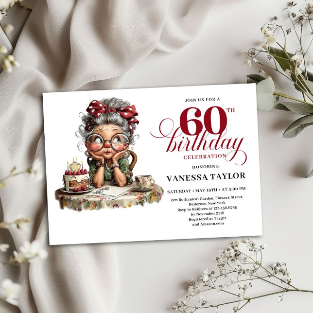 Invitation Carton d'invitation d'anniversaire des 60 ans sur  (Funny 60th Birthday Invitation Old Lady Theme Card)