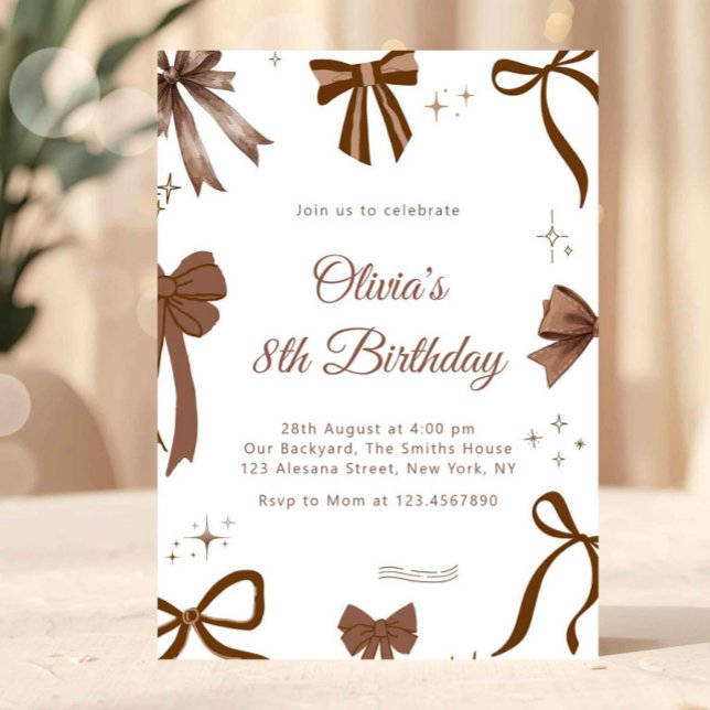 Invitation Carton d'invitation d'anniversaire élégant marron  (bow birthday invitation, coquette birthday invite, neutral birthday invitation, elegant girls birthd)