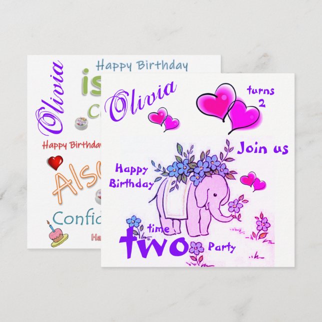 Invitation Carton d'invitation d'anniversaire éléphant (Devant / Derrière)