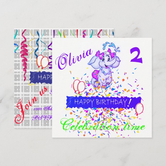 Invitation Carton d'invitation d'anniversaire éléphant (Devant / Derrière)