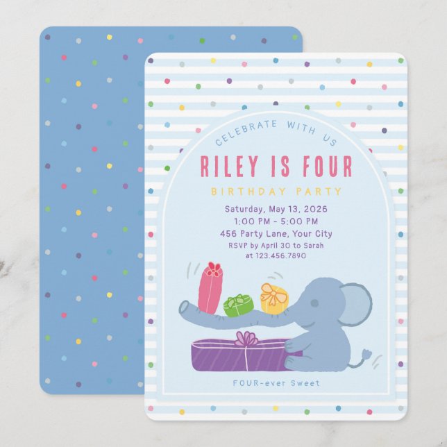 Invitation Carton d'invitation d'anniversaire Éléphant au lon (Devant / Derrière)