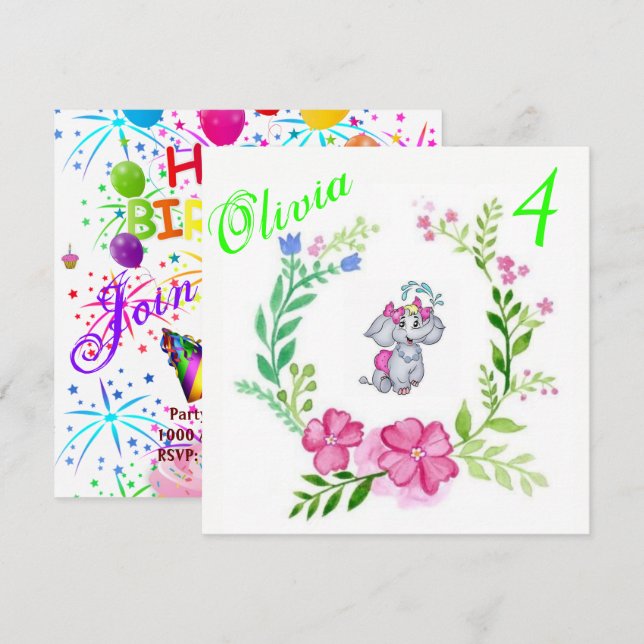 Invitation Carton d'invitation d'anniversaire éléphant floral (Devant / Derrière)