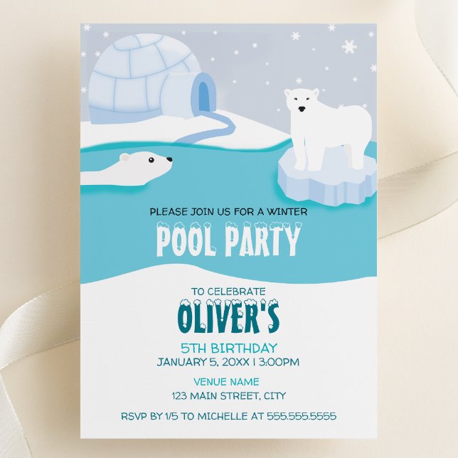 Invitation Carton d'invitation d'anniversaire Fête de piscine (Polar Bear Pool Party Winter Birthday Invitation)