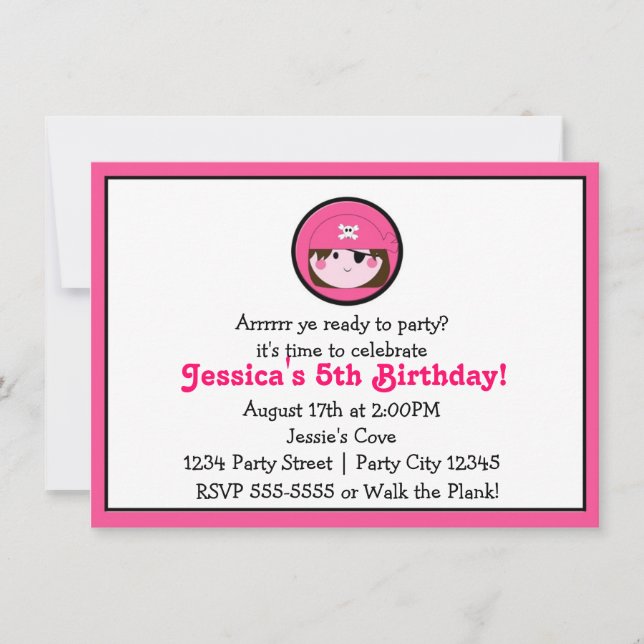 Invitation Carton d'invitation d'anniversaire Fille Pirate Ro (Devant)