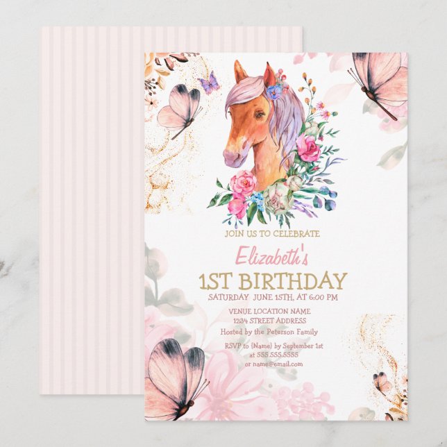 Invitation Carton d'invitation d'anniversaire Fleurs Papillon (Devant / Derrière)
