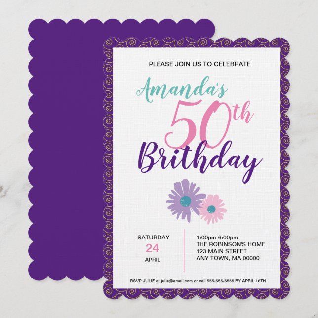 Invitation Carton d'invitation d'anniversaire Fleurs roses et (Devant / Derrière)